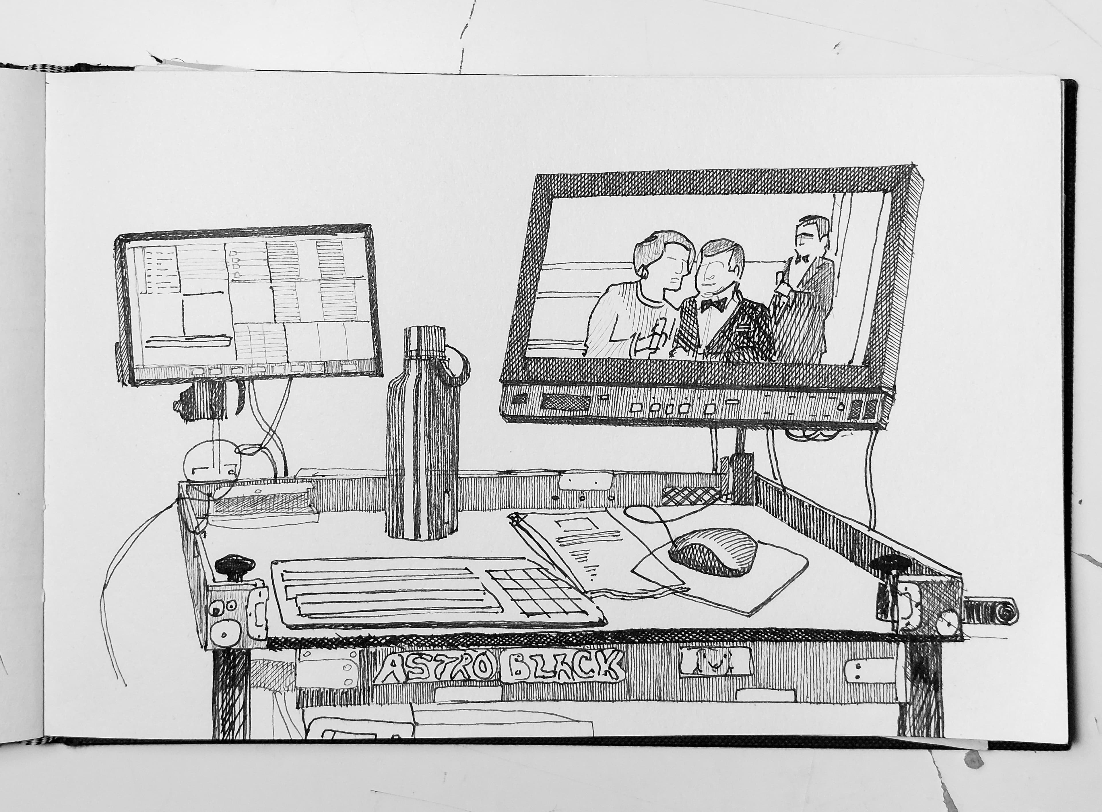 Lajos' Monitors and water bottle.