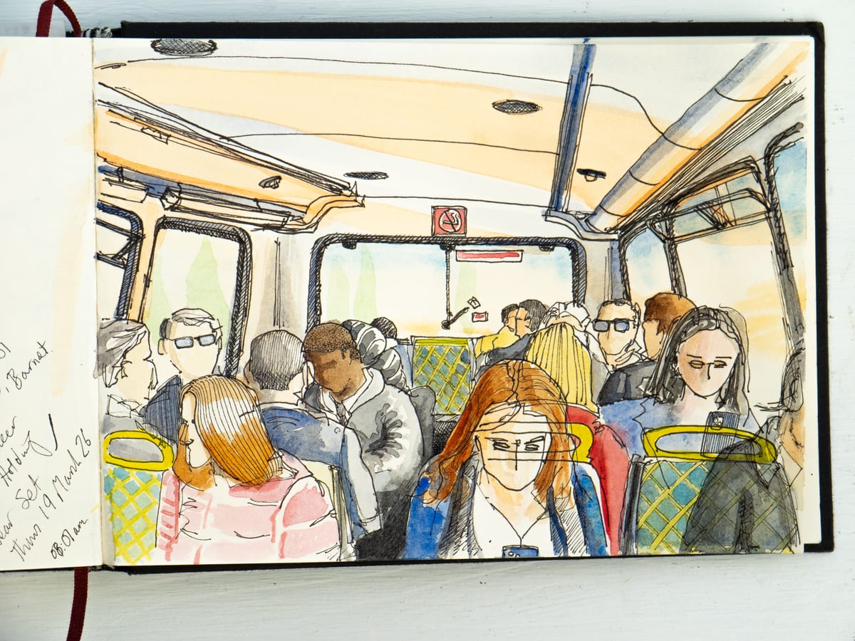 Watercolour and ink drawing of supporting artists crammed into a double-decker bus used as holding — 'Fun and laughter' by Greg Hughes