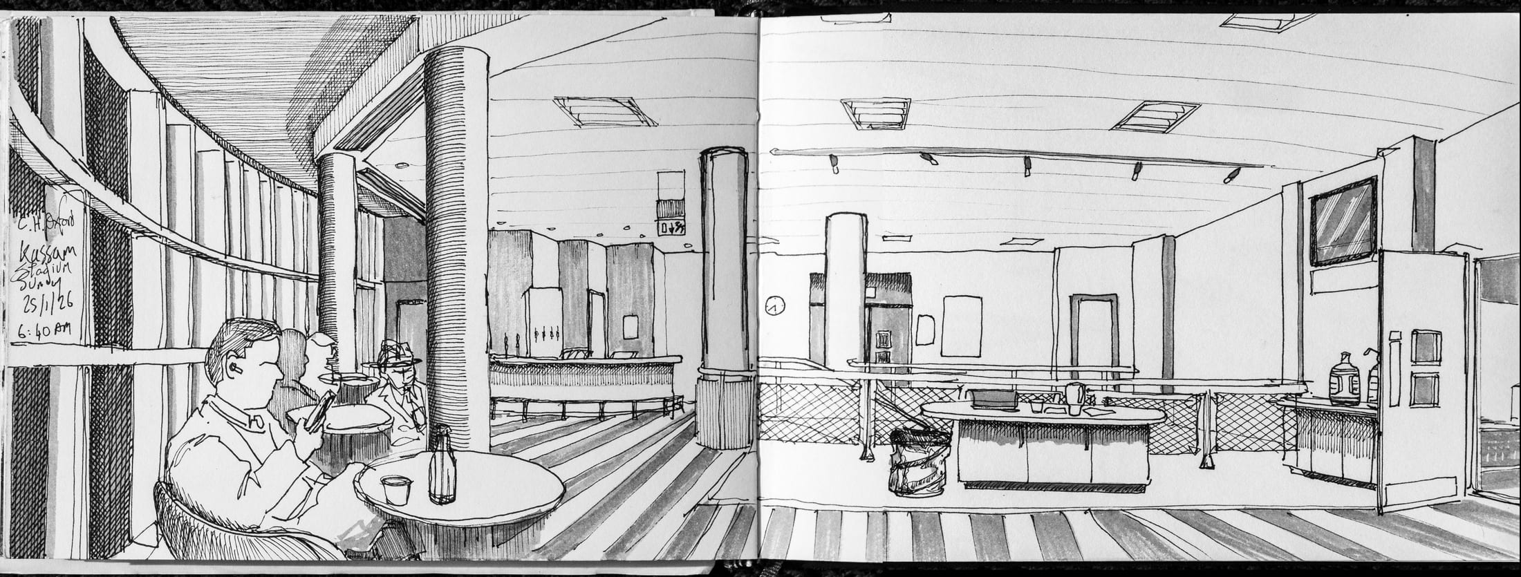 Pen and ink drawing of supporting artists waiting and talking in an early-morning holding area at a football stadium — 'It's a sporting life' by Greg Hughes
