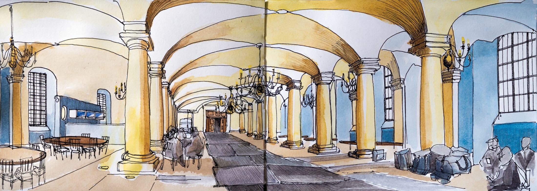 Watercolour and ink drawing of the grand pillared undercroft at the Old Royal Naval College used as crowd holding — 'Pillars and chandeliers' by Greg Hughes