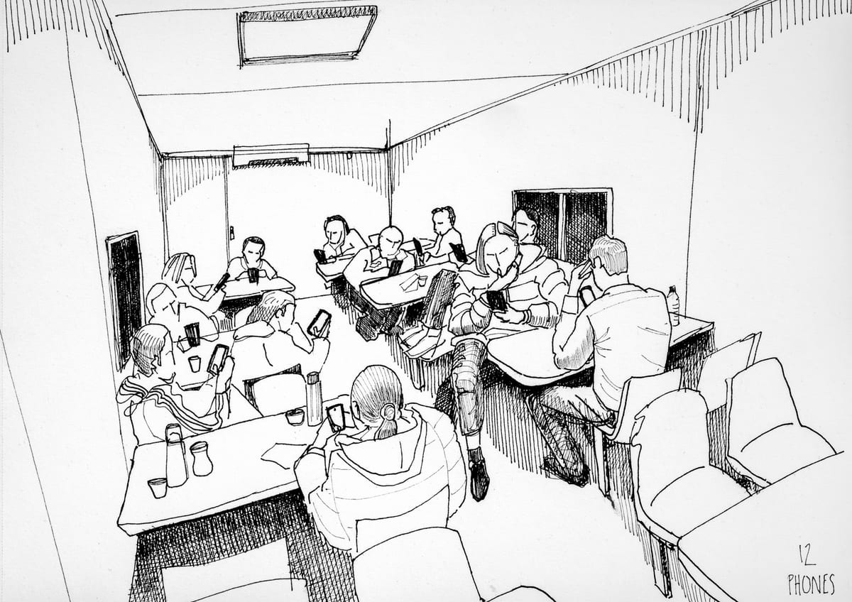 Pen and ink drawing of a dozen supporting artists sitting at tables, every one of them looking at a phone — 'The Art of Conversation' by Greg Hughes