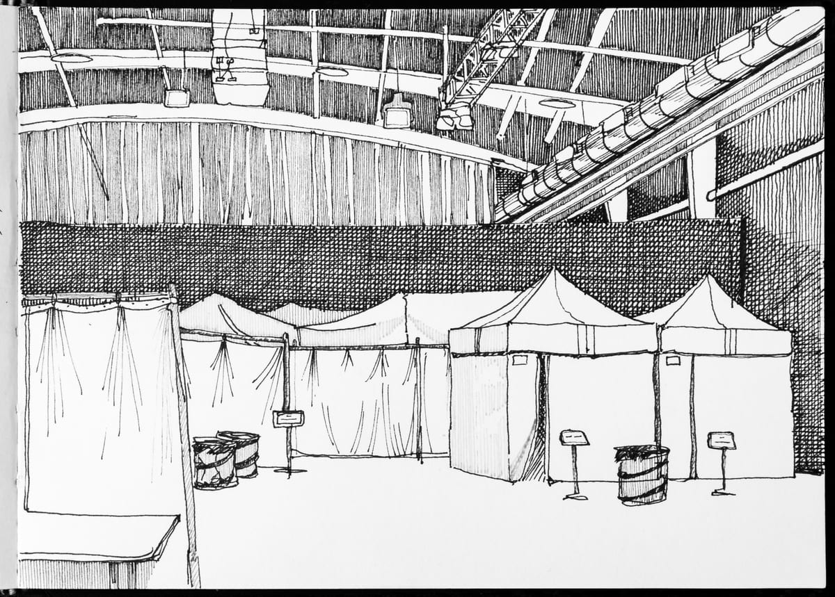 Pen and ink drawing of pop-up marquee tents and bins inside a film-set holding area — 'Three bins, Four tents' by Greg Hughes